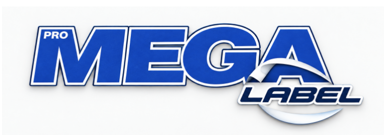 PRO MEGA LABEL — синий логотип с загибом стикера